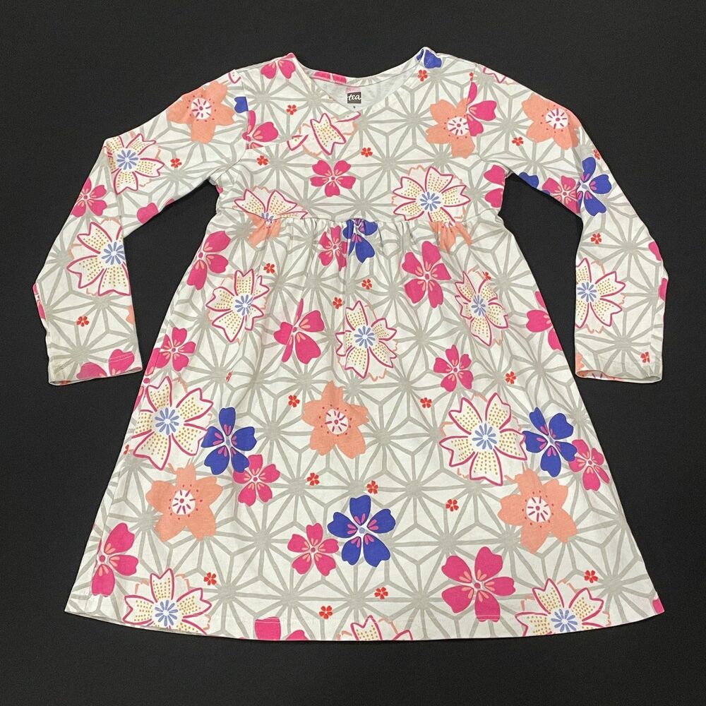 ~ Tea Dress, 5 Girls, Floral, Long Sleeve, Wrap, Pink Gray Purple Cotton Stretch